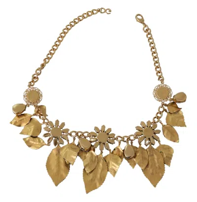 Dolce & Gabbana Green Leaves Gold Brass Crystal Flower Pendant Necklace In Gold