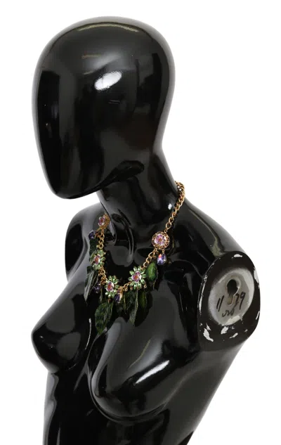 Dolce & Gabbana Green Leaves Gold Brass Crystal Flower Pendant Necklace In Gold