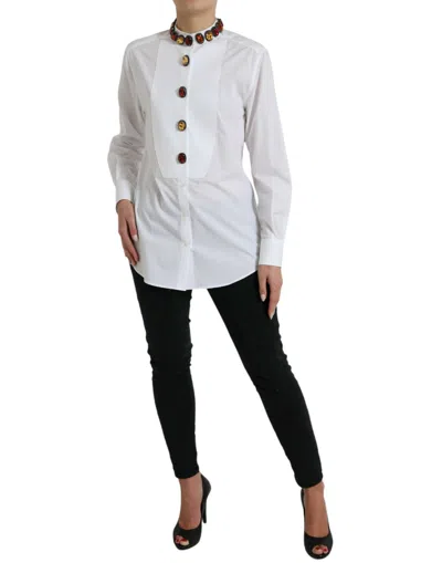 Dolce & Gabbana White Cotton Crystals Embellished Shirt Top In White