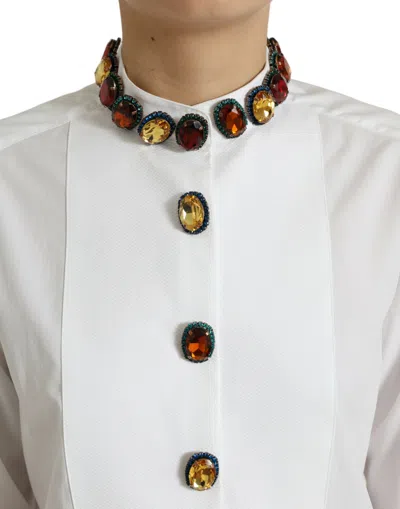 Dolce & Gabbana White Cotton Crystals Embellished Shirt Top In White