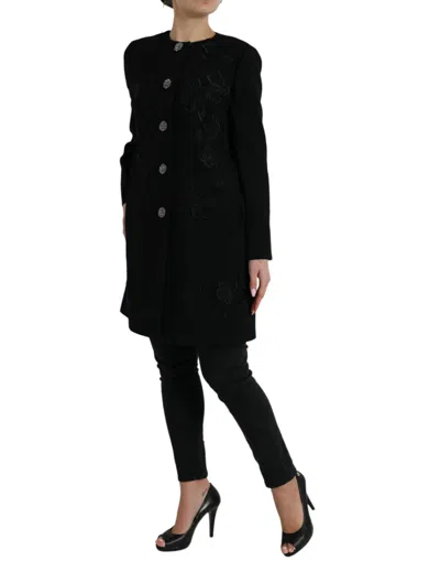 Dolce & Gabbana Elegant Floral Buttoned Wool Trench Coat In Black