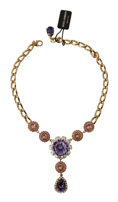Dolce & Gabbana Gold Brass Crystal Purple Pink Pearl Pendants Necklace In Multi