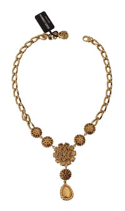 Dolce & Gabbana Gold Brass Crystal Purple Pink Pearl Pendants Necklace In Multi
