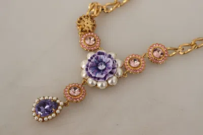 Dolce & Gabbana Gold Brass Crystal Purple Pink Pearl Pendants Necklace In Multi
