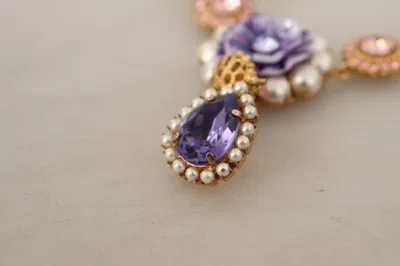 Dolce & Gabbana Gold Brass Crystal Purple Pink Pearl Pendants Necklace In Multi