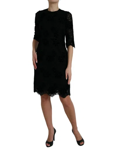 Dolce & Gabbana Black Floral Lace Cotton Bodycon Dress In Black