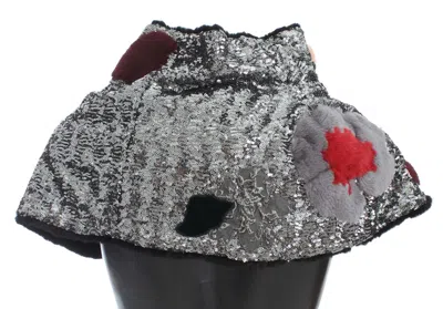 Dolce & Gabbana Silver Sequined Floral Weasel Fur Shoulder Scarf Wrap In Gray