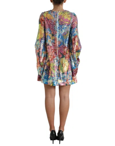 Dolce & Gabbana Multicolor Floral Sequined Shift Mini Dress In Multi
