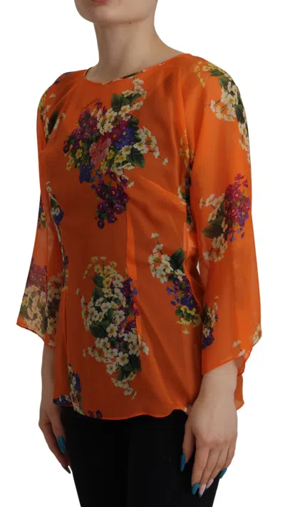 Dolce & Gabbana Orange Floral Print Long Sleeve Blouse In Orange
