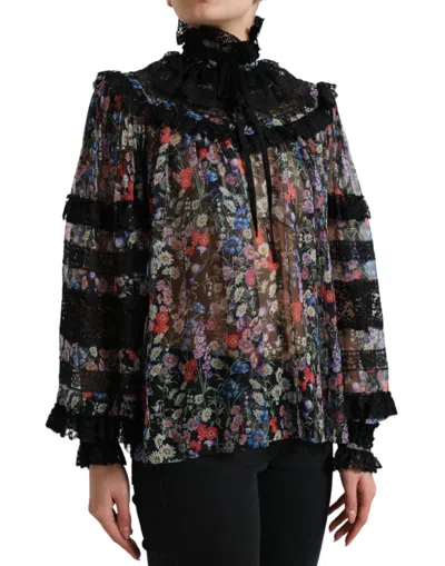 Dolce & Gabbana Black Floral Print Long Sleeves Blouse Top In Black