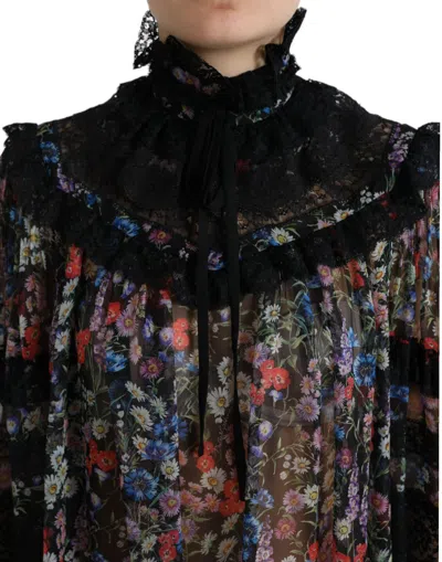 Dolce & Gabbana Black Floral Print Long Sleeves Blouse Top In Black