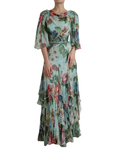 Dolce & Gabbana Blue Floral Print Tiered Long Maxi Dress In Green