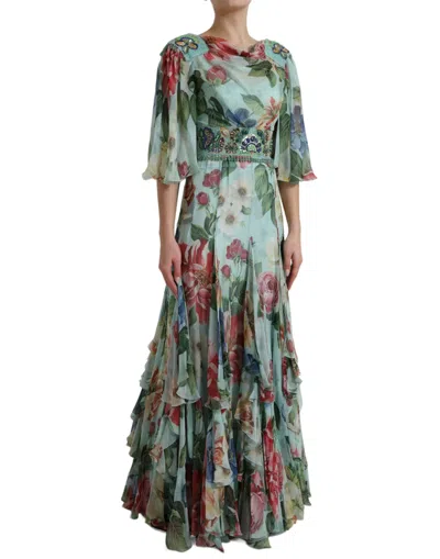 Dolce & Gabbana Blue Floral Print Tiered Long Maxi Dress In Green