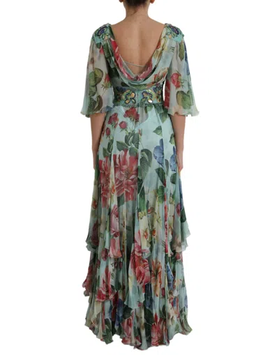 Dolce & Gabbana Blue Floral Print Tiered Long Maxi Dress In Green