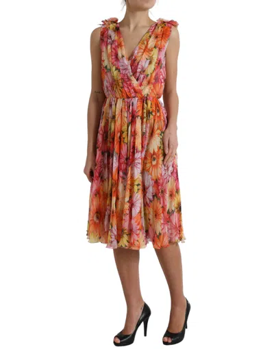Dolce & Gabbana Multicolor Sunflower Print Silk Midi Dress In Multi