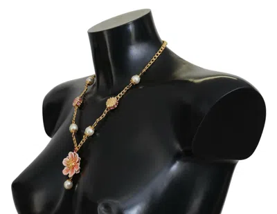 Dolce & Gabbana Gold Tone Floral Crystals Pink Embellished Necklace In Gold