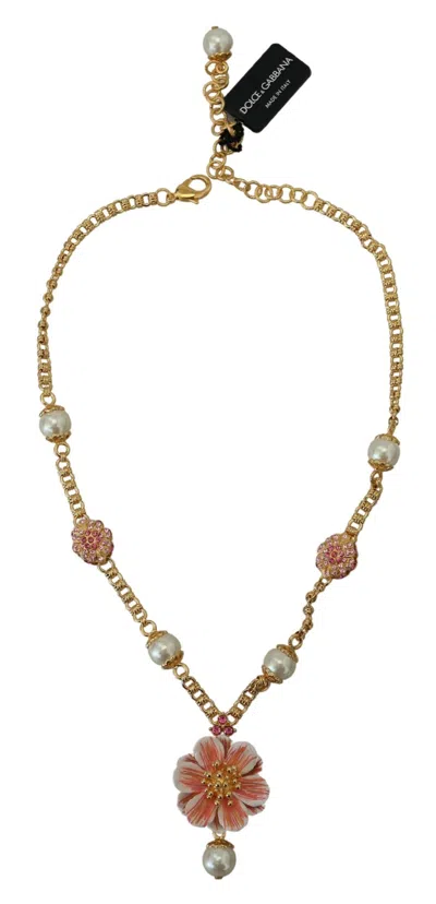 Dolce & Gabbana Gold Tone Floral Crystals Pink Embellished Necklace In Gold