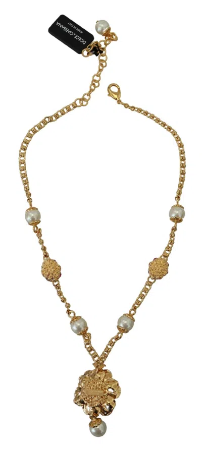 Dolce & Gabbana Gold Tone Floral Crystals Pink Embellished Necklace In Gold