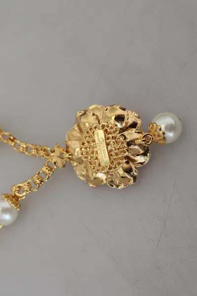 Dolce & Gabbana Gold Tone Floral Crystals Pink Embellished Necklace In Gold