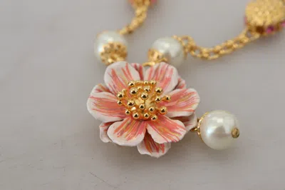 Dolce & Gabbana Gold Tone Floral Crystals Pink Embellished Necklace In Gold