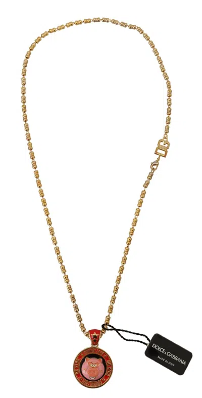 Dolce & Gabbana Gold Brass Chain Super Pig Pendant Logo Necklace In Gold