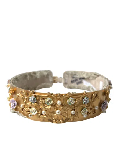 Dolce & Gabbana Gold Brass Faux Pearl Floral Embellished Belt In Gold