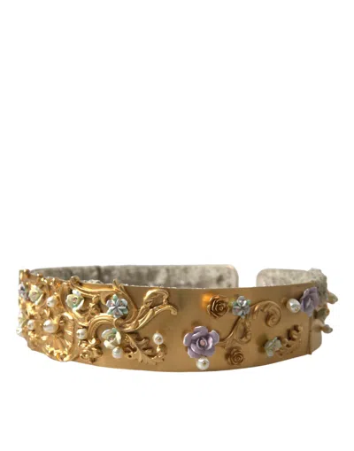 Dolce & Gabbana Gold Brass Faux Pearl Floral Embellished Belt In Gold