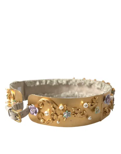 Dolce & Gabbana Gold Brass Faux Pearl Floral Embellished Belt In Gold