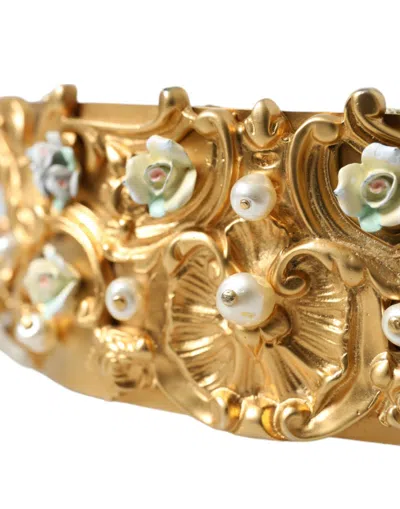 Dolce & Gabbana Gold Brass Faux Pearl Floral Embellished Belt In Gold