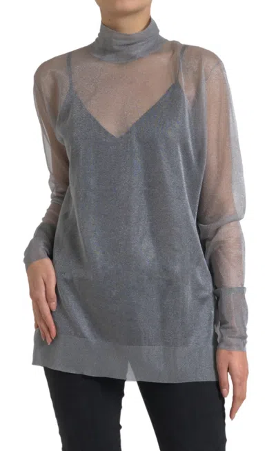 Dolce & Gabbana Gray Mesh Turtleneck Long Sleeve Blouse Top In Gray