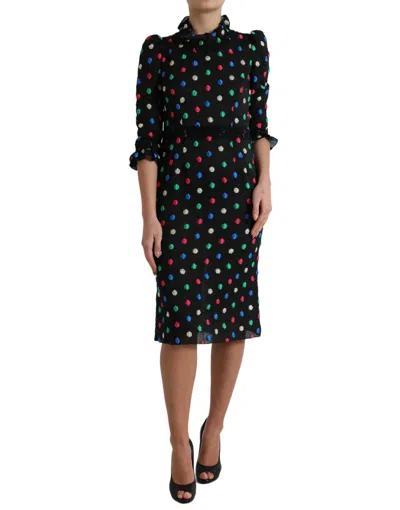 Dolce & Gabbana Black Polka Dot Ruffle Cotton Midi Dress In Black