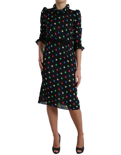 Dolce & Gabbana Black Polka Dot Ruffle Cotton Midi Dress In Black