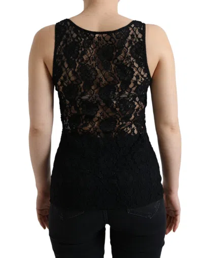 Dolce & Gabbana Black Logo Stripe Lace Sleeveless Tank Top In Black