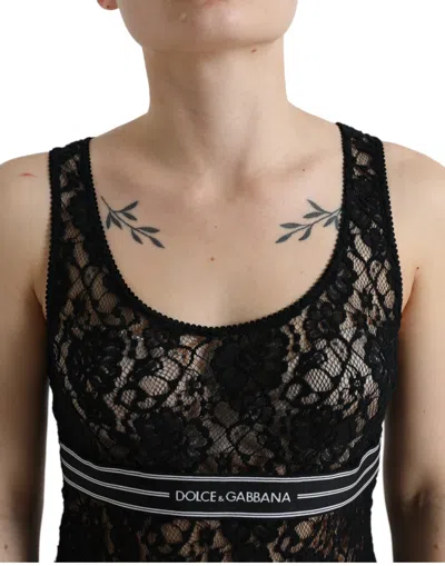 Dolce & Gabbana Black Logo Stripe Lace Sleeveless Tank Top In Black