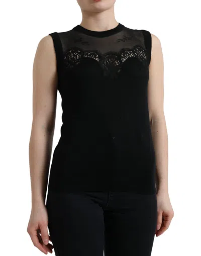 Dolce & Gabbana Black Cashmere Lace Trim Sleeveless Tank Top In Black