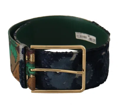 Dolce & Gabbana Green Jaquard Embroid Leather Gold Metal Belt In Blue