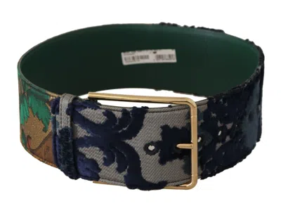 Dolce & Gabbana Green Jaquard Embroid Leather Gold Metal Belt In Blue