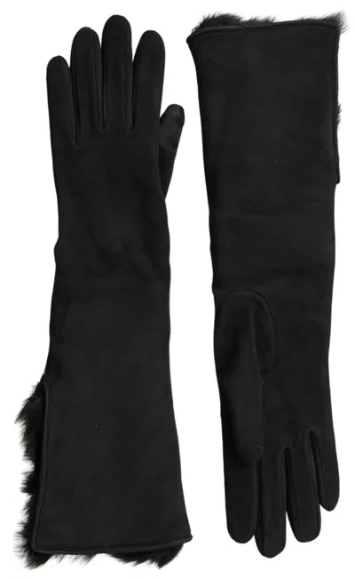 Dolce & Gabbana Black Leather Fur Elbow Length Gloves In Black