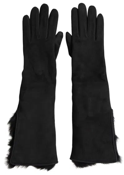 Dolce & Gabbana Black Leather Fur Elbow Length Gloves In Black