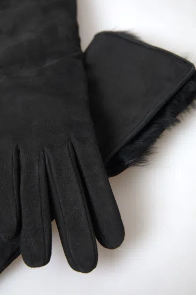 Dolce & Gabbana Black Leather Fur Elbow Length Gloves In Black