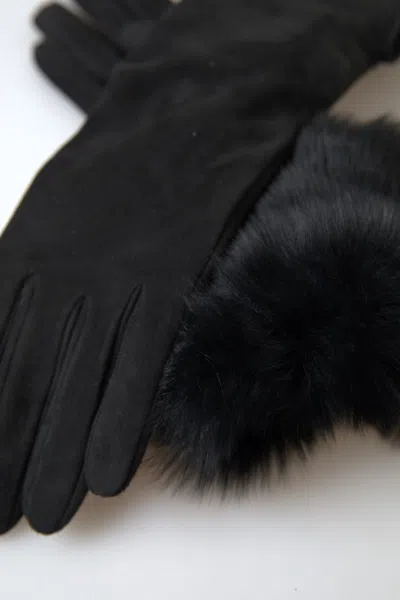Dolce & Gabbana Black Leather Fur Elbow Length Gloves In Black