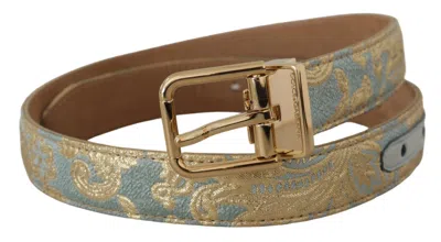Dolce & Gabbana Blue Leather Jacquard Embossed Gold Metal Buckle Belt In Blue