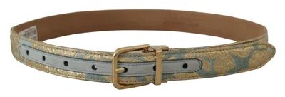 Dolce & Gabbana Blue Leather Jacquard Embossed Gold Metal Buckle Belt In Blue