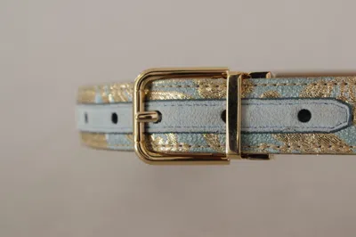 Dolce & Gabbana Blue Leather Jacquard Embossed Gold Metal Buckle Belt In Blue