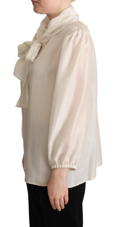 Dolce & Gabbana Light Gray Ascot Collar Shirt Silk Blouse Top In Neutral