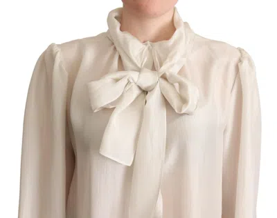 Dolce & Gabbana Light Gray Ascot Collar Shirt Silk Blouse Top In Neutral