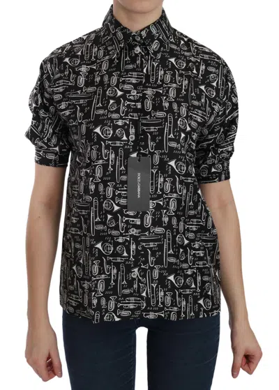 Dolce & Gabbana Black Musical Instrument Collared Blouse Shirt In Black