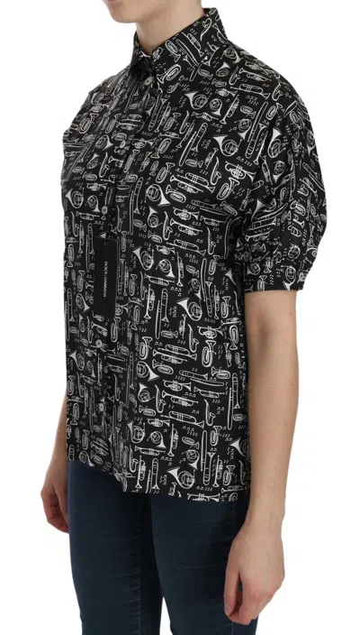 Dolce & Gabbana Black Musical Instrument Collared Blouse Shirt In Black