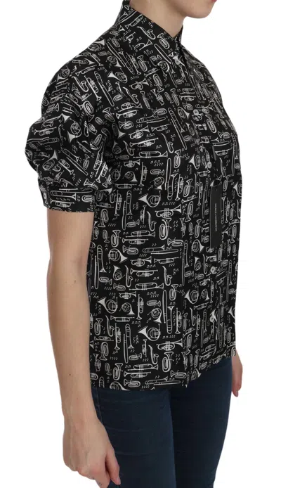 Dolce & Gabbana Black Musical Instrument Collared Blouse Shirt In Black