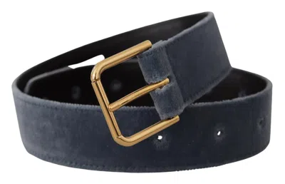 Dolce & Gabbana Navy Blue Velvet Gold Metal Logo Waist Buckle Belt In Blue